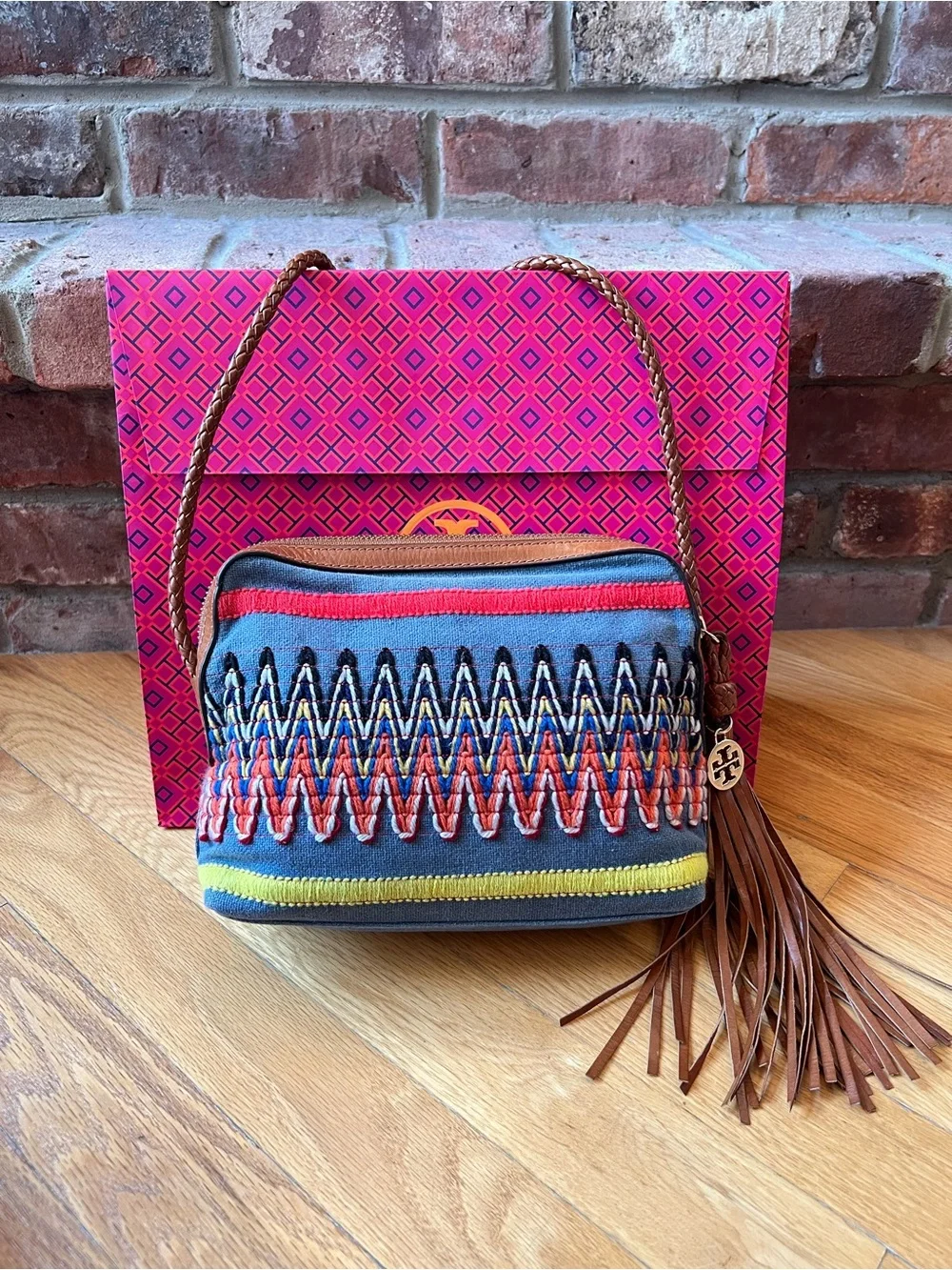 Tory Burch Chambray Blue Multicolor Taylor Embroidered Camera Bag